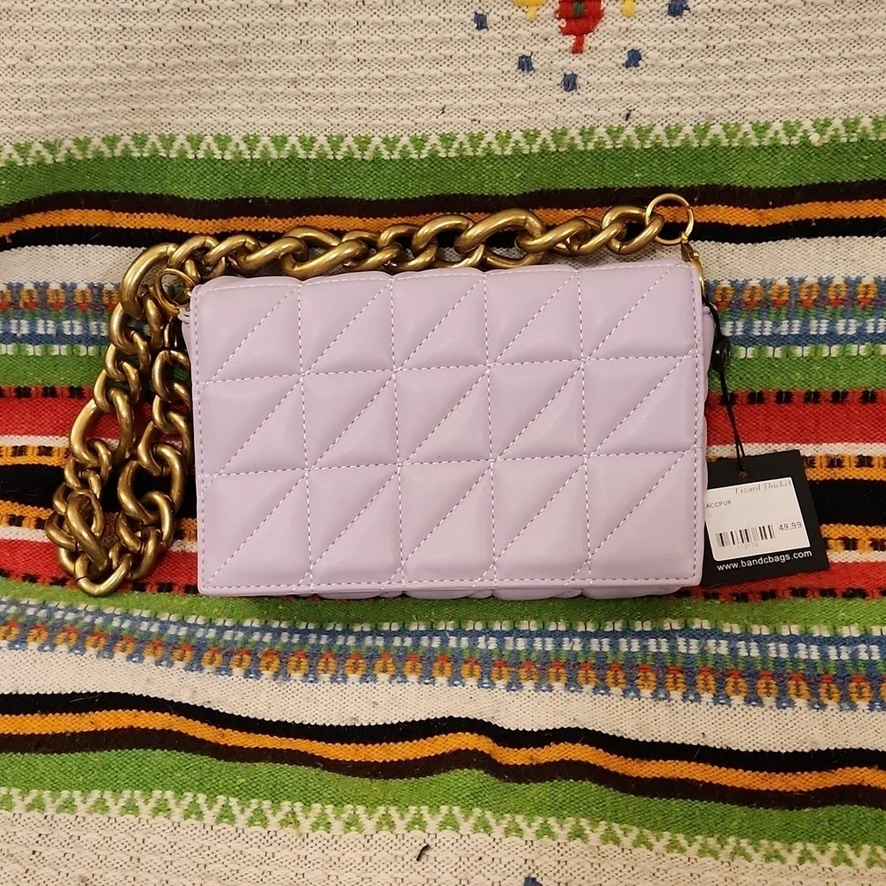 Vegan Leather Quilted Lilac Purple Mini Shoulder Bag with Heavy Brass Chain NWT